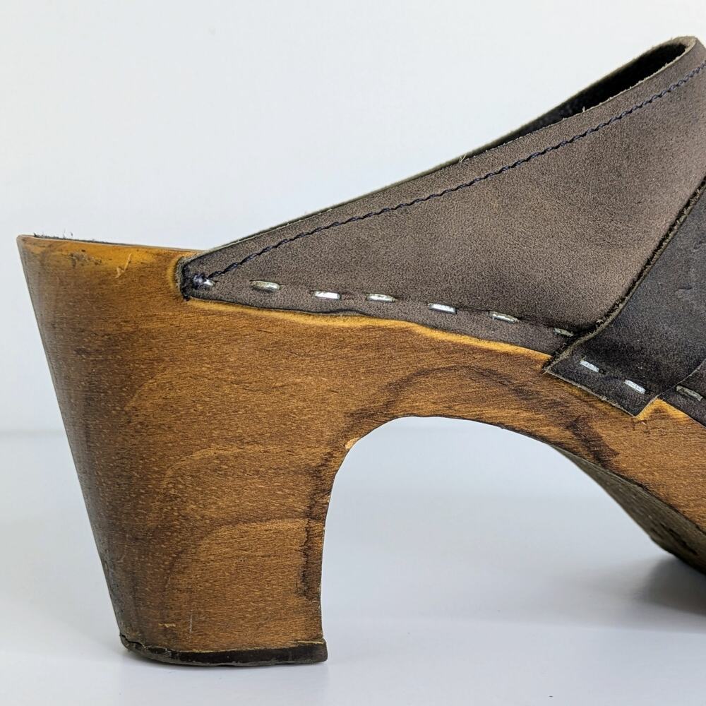 Sandgrens Maya Clogs 39 Brown Nubuck Leather 3" Heel Swedish Wood Base Runs 8.5 - Picture 14 of 16